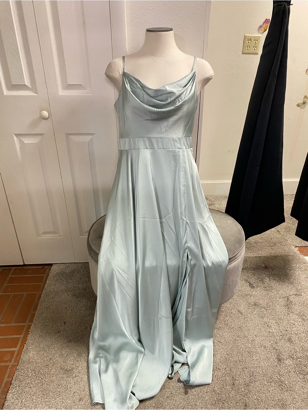 Cowl-Neck Satin Maxi Dress in Light Sage
